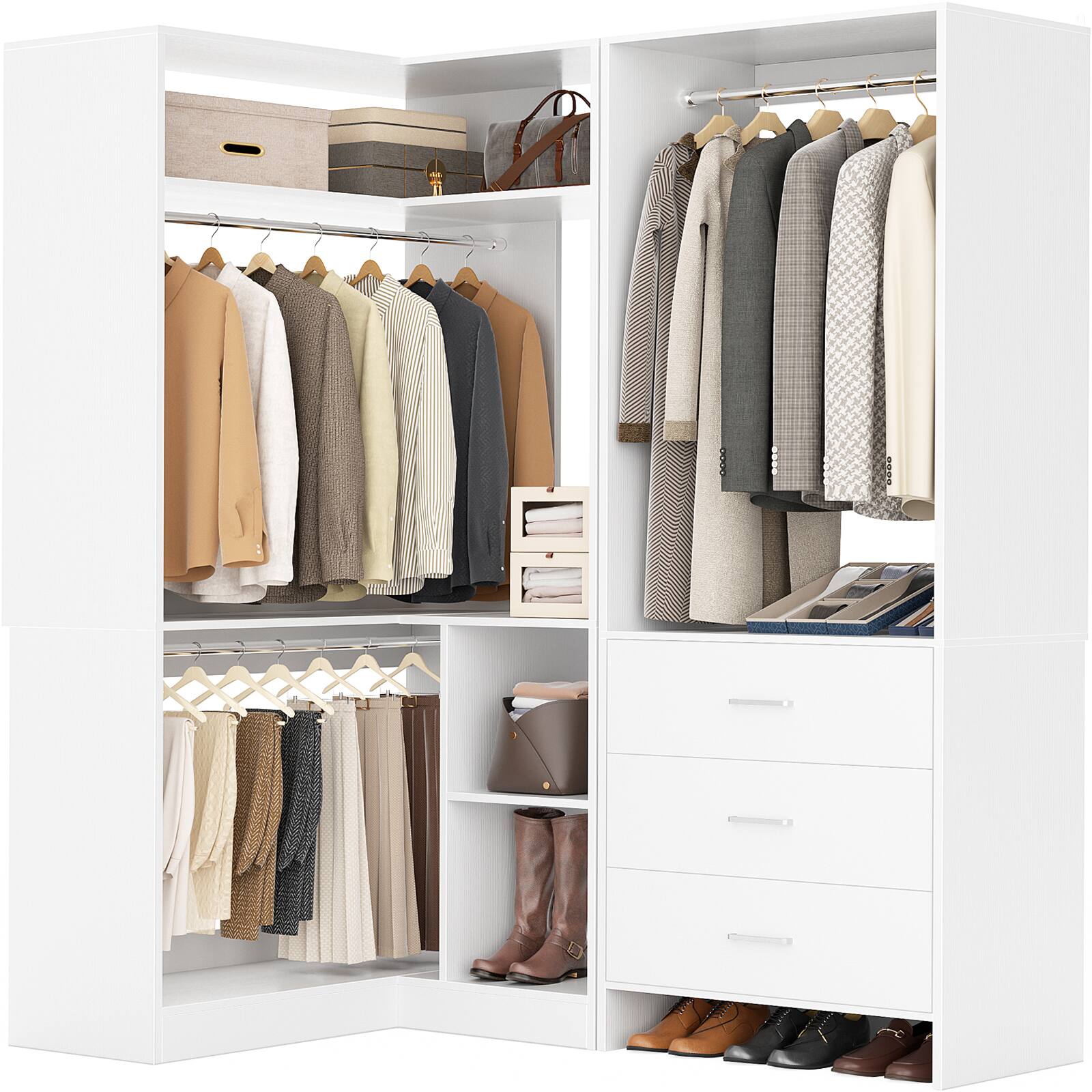 Angle. Aheaplus - Corner Wardrobe Closet System - With 3 Drawers, 2 Hanging Rods and Open Storage Shelves - White.