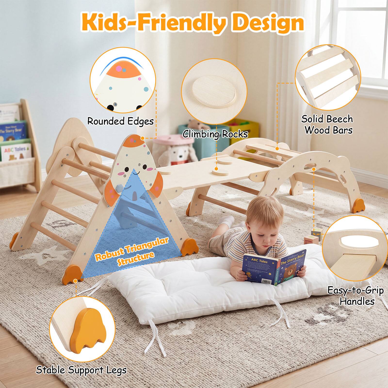 Kids-Friendly Design  
- Rounded Edges  
- Climbing Rocks  
- Solid Beech Wood Bars  
- Robust Triangular Structure  
- Easy-to-Grip Handles  
- Stable Support Legs