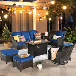 Ovios - 7 PCS Patio Furniture High Back Sofa Set with 42" Fire Pit Table, Swivel Chairs & Ottoman - Navy Blue(Brown Wicker)