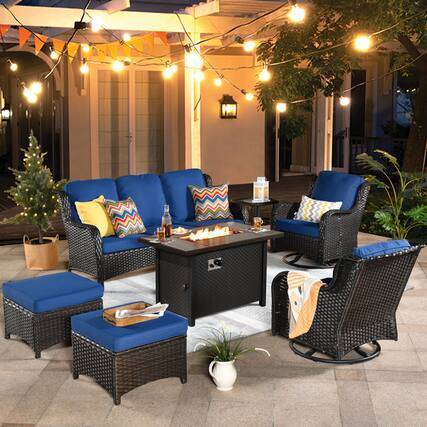 Front. Ovios - 7 PCS Patio Furniture High Back Sofa Set with 42" Fire Pit Table, Swivel Chairs & Ottoman - Navy Blue(Brown Wicker).