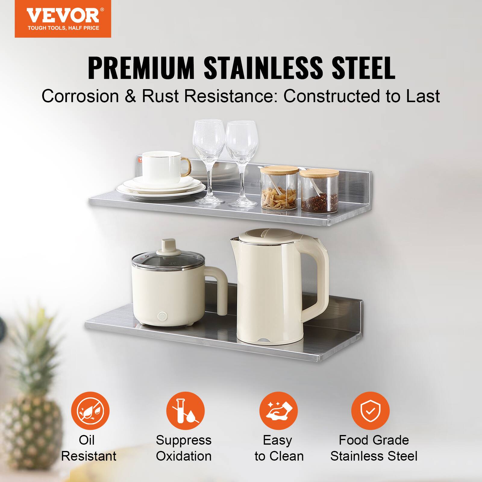 VEVOR  
TOUGH TOOLS, HALF PRICE  

PREMIUM STAINLESS STEEL  
Corrosion & Rust Resistance: Constructed to Last  

- Oil Resistant  
- Suppress Oxidation  
- Easy to Clean  
- Food Grade Stainless Steel