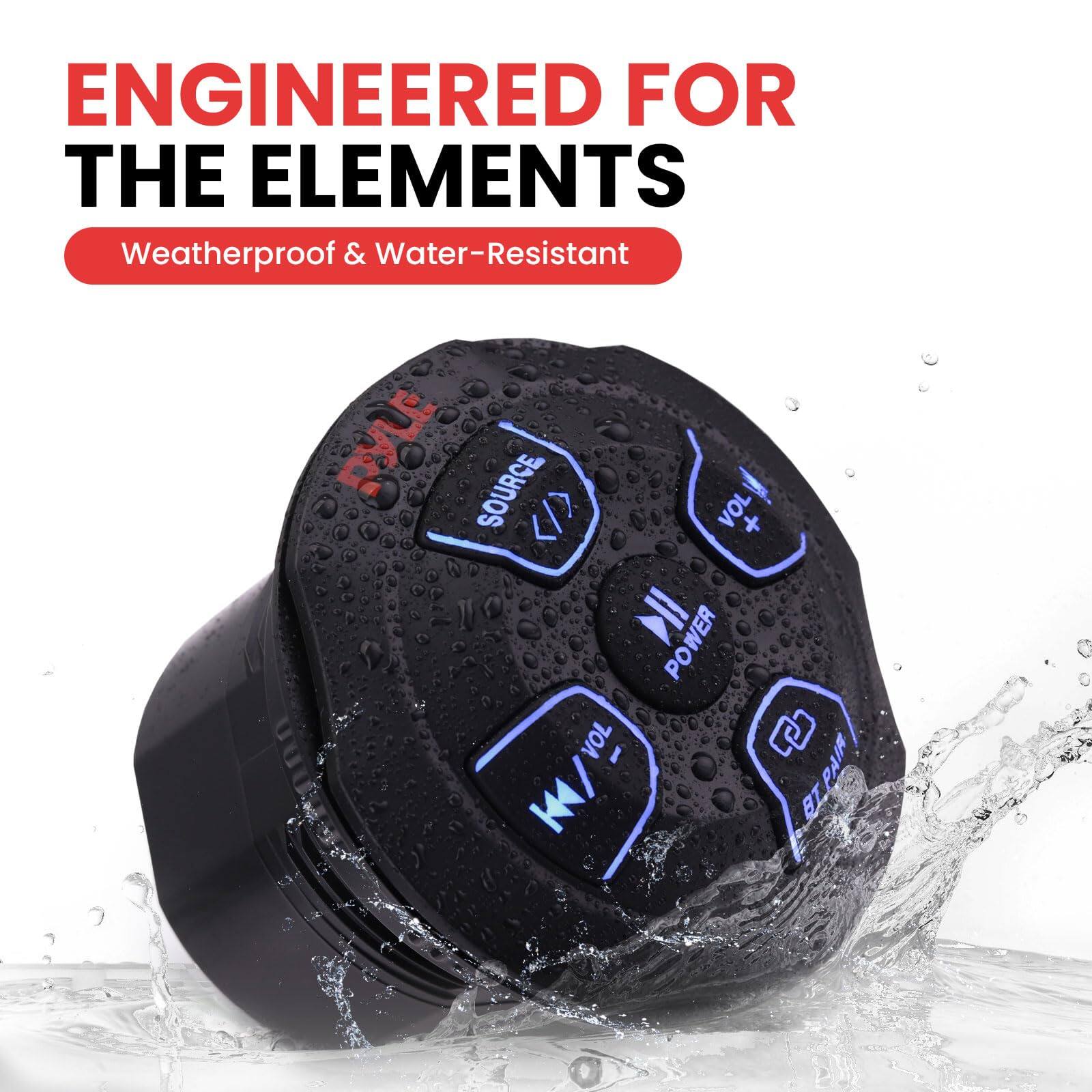 The corrected text is:

"Engineered for the Elements
Weatherproof & Water-Resistant"

The image shows a waterproof and water-resistant device with buttons labeled "SOURCE," "VOL +," "VOL -," "POWER," and "RTPAIR."