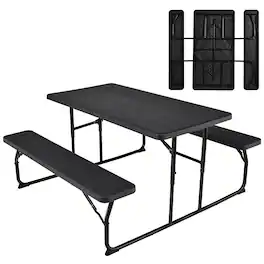 Costway - Foldable Picnic Table Bench Set Outdoor Camping for Patio & Backyard - Black