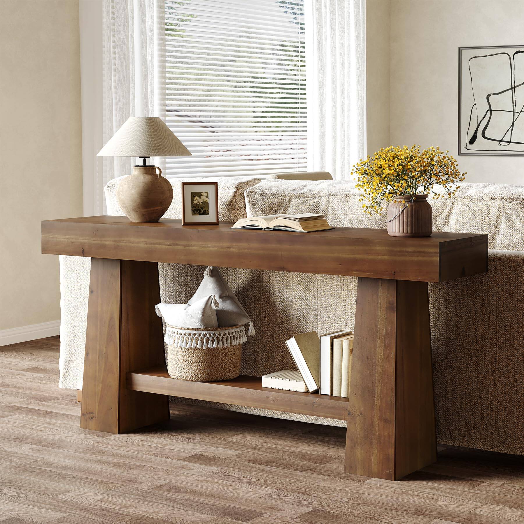 Alt View 4. Tribesigns - Solid Wood Console Table, 63-Inch Entryway Table with Storage, Long Wooden Sofa Table Behind Couch for Entryway, Hallway - Dark Brown.