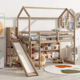 Loheer - Twin Loft Bed with Slide and Storage, Wood House Bed Frame - Wood Color