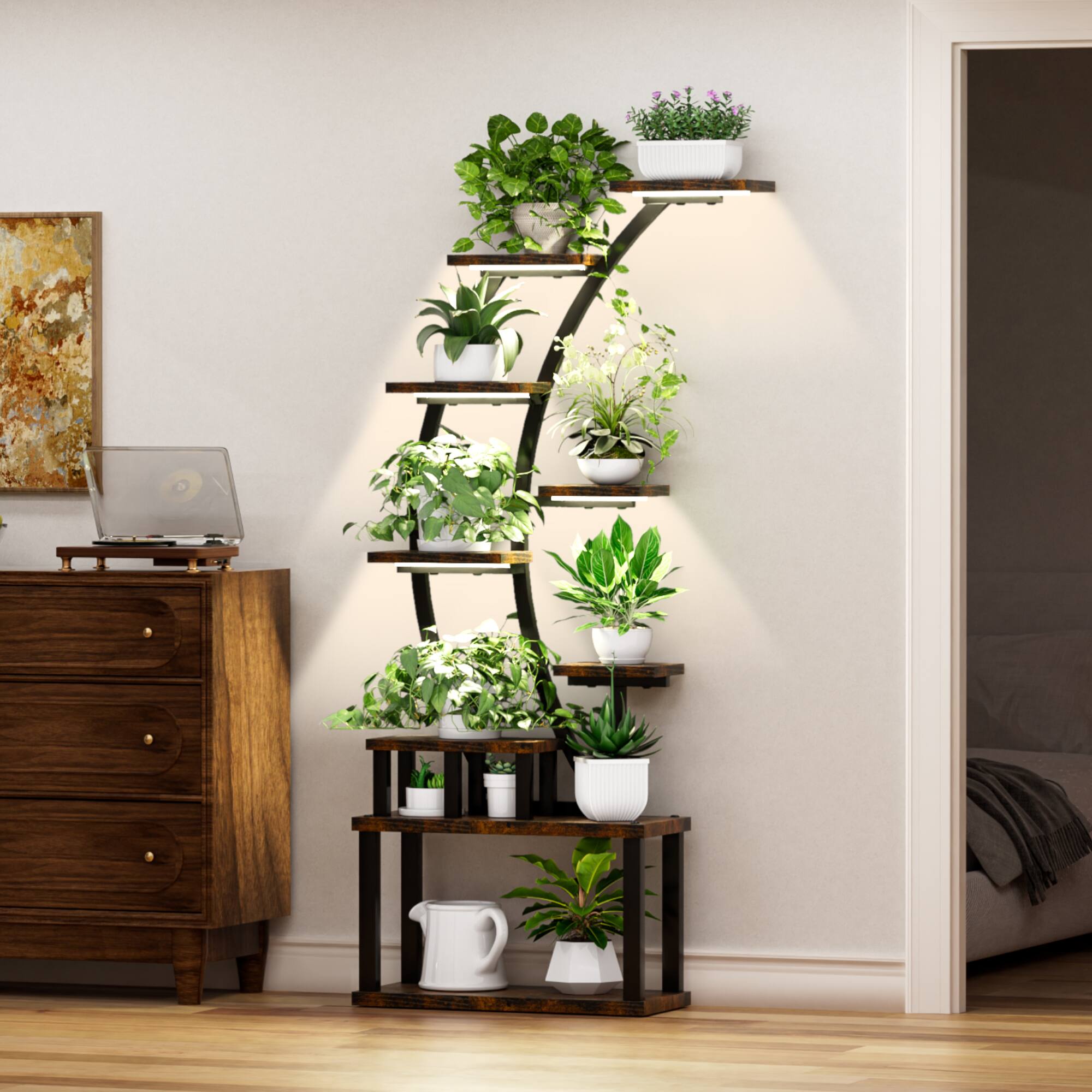 GOODSILO - Tall Indoor Plant Stand with Adjustable Grow Lights and Multi-Tier Shelving for Enhanced Plant Growth - Rustic Brown