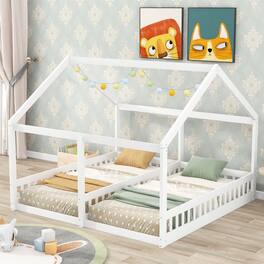 Loheer - Twin Size House Bed, 2 in 1 Shared Platform Bed for Kids - White
