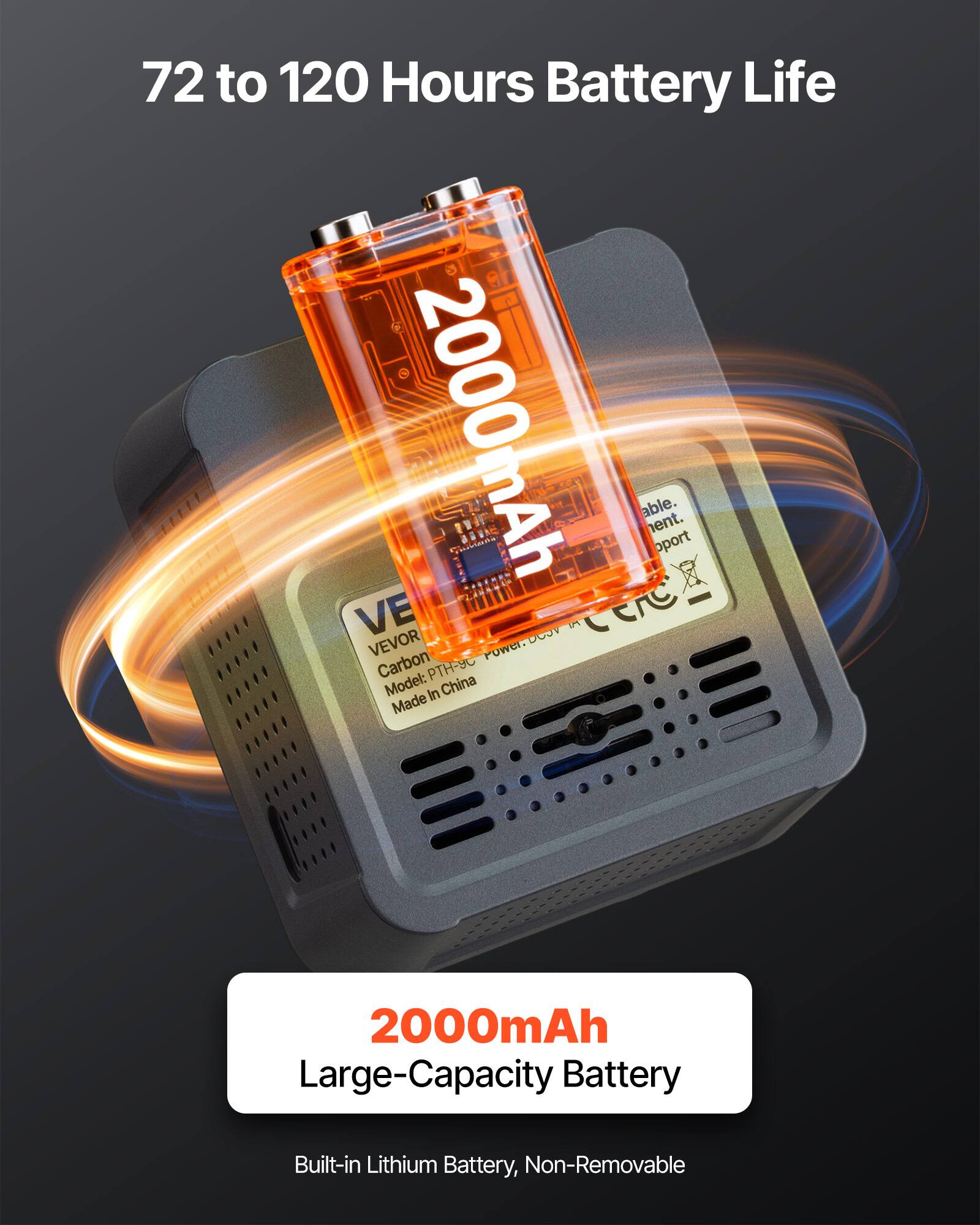 72 to 120 Hours Battery Life

2000mAh Large-Capacity Battery

Built-in Lithium Battery, Non-Removable

VEVOR Carbon PTH-90 Model: Made in China
