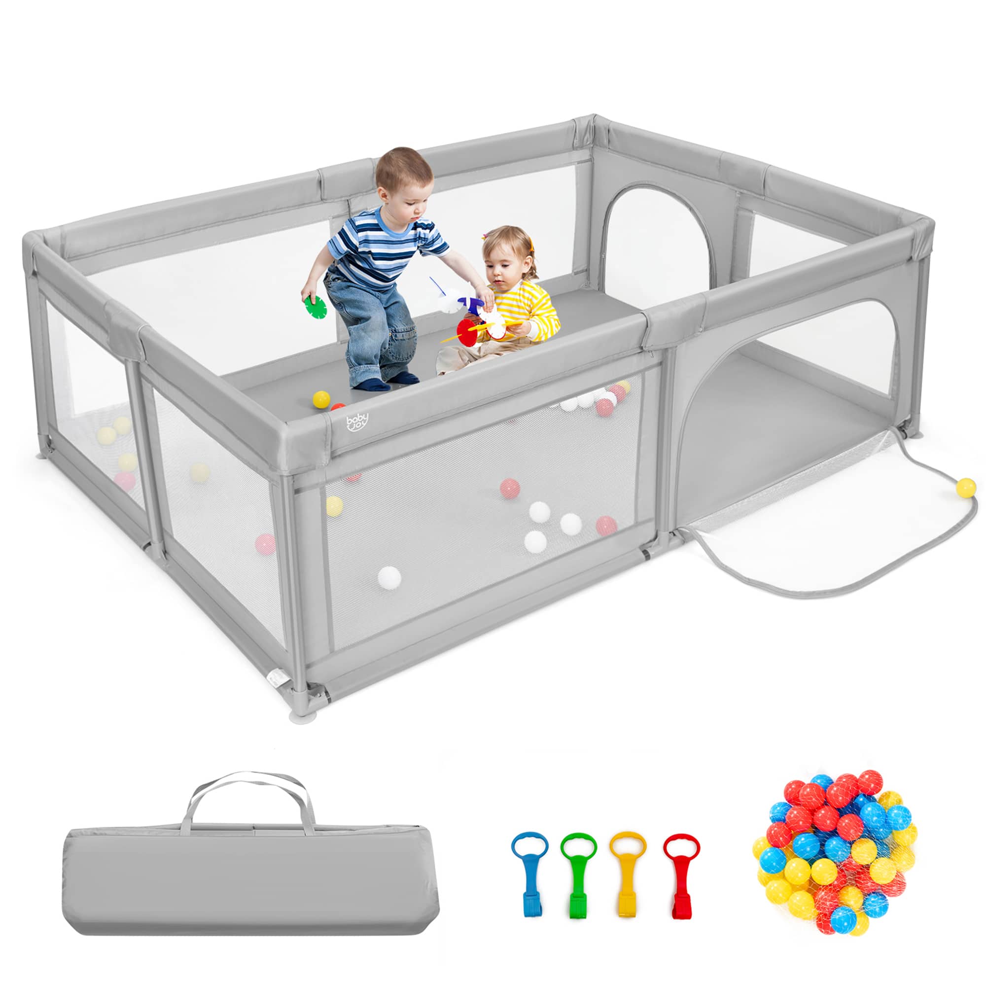 Gymax - Baby Playpen Extra-Large Safety Baby Fence w/ Ocean Balls & Rings Light Grey - Light Gray