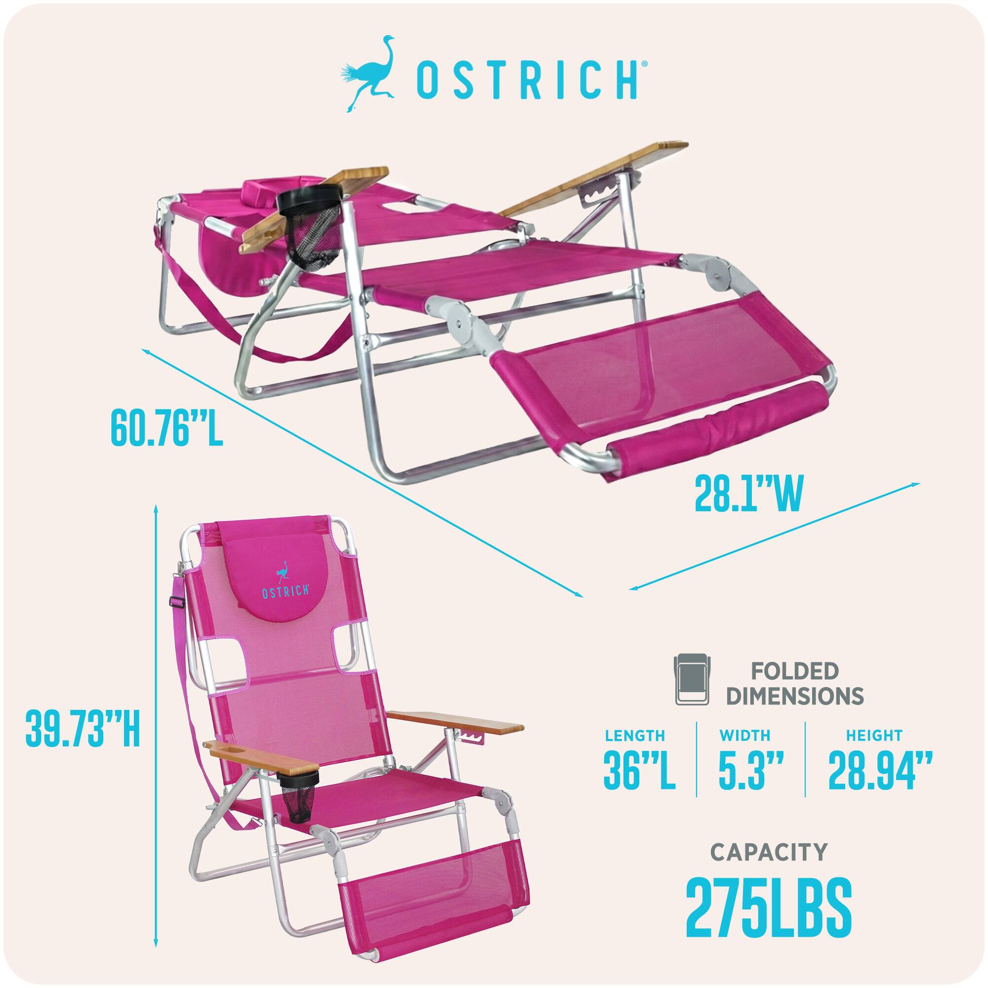 OSTRICH  
60.76"L x 28.1"W x 39.73"H  
FOLDED DIMENSIONS: 36"L x 5.3"W x 28.94"H  
CAPACITY: 275LBS