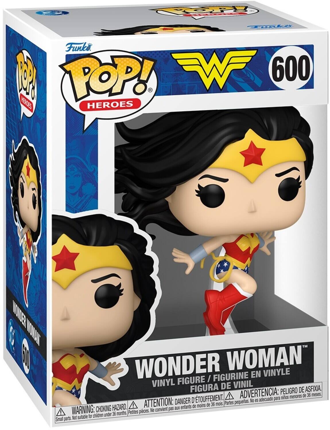 Sure, here is the corrected and grouped text from the image:

---

**Funko POP! HEROES**

**WONDER WOMAN**

**VINYL FIGURE / FIGURINE EN VINYLE / FIGURA DE VINIL**

**WARNING: CHOKING HAZARD. Small parts. Not suitable for children under 36 months.**

**ADVERTENCIA: PELIGRO DE ASFIXIA. Piezas pequeñas. No es adecuado para niños menores de 36 meses.**

**ATTENTION: DANGER D'ÉTOUFFEMENT. Petites pièces. Ne convient pas aux enfants de moins de 36 mois.**

**600**

---

This text is from the packaging of a Wonder Woman Funko Pop! vinyl figure.