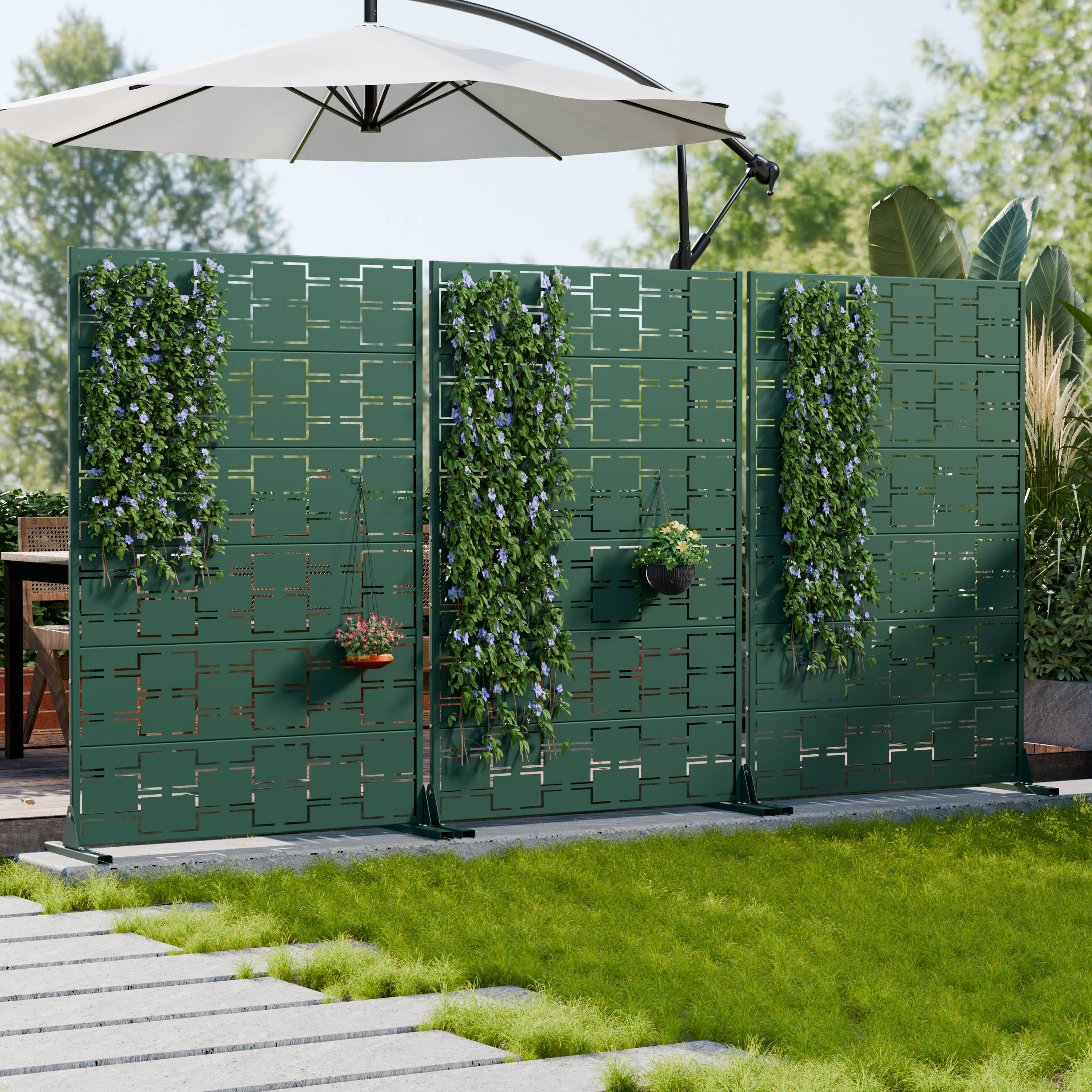 Alt View 1. PexFix - 72" x 47" Outdoor Privacy Screen Metal Freestanding Patio Screen with Modern Geometric Cutouts Decorative - Dark Green.