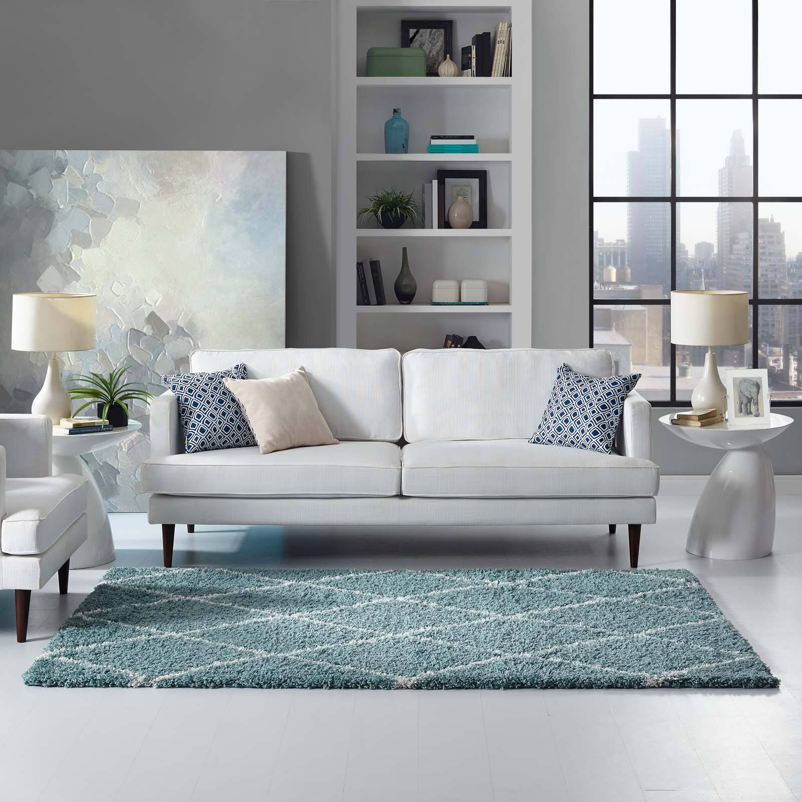 Left. Modway - Toryn Diamond Lattice Shag Area Rug - Aqua Blue and Ivory.
