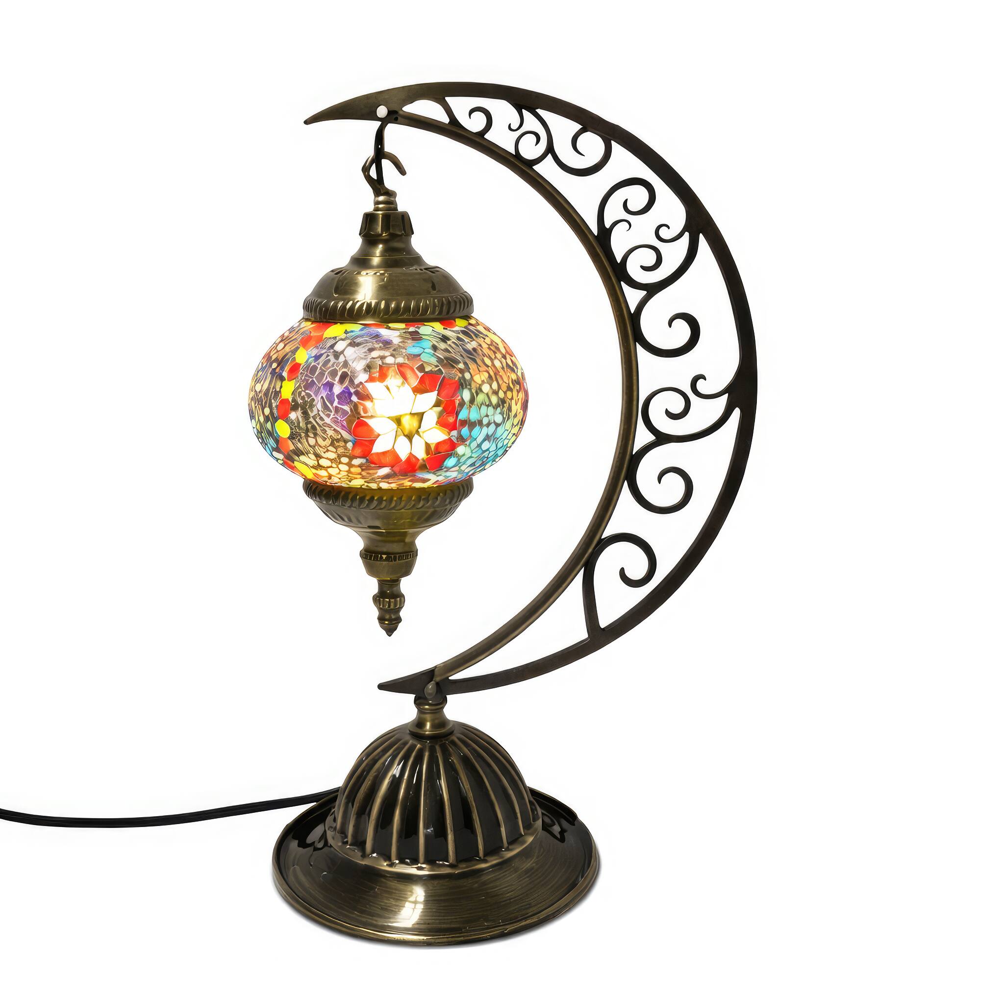 Angle. FC Design - 16"H Bronze Moon-Base Floral Star Mosaic Turkish Lamp.