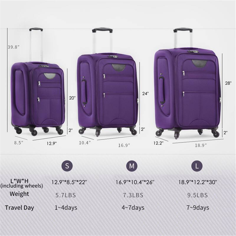 39.8" 28" 20" 24" 2" 2" 2" 8.5" 12.9" 10.4" 16.9" 12.2" 18.9"  
S M L  
L*W*H  
12.9"*8.5"*22" (including wheels) 5.7LBS 1~4days  
16.9"*10.4"*26" 7.3LBS 4~7days  
18.9"*12.2"*30" 9.5LBS 7~9days