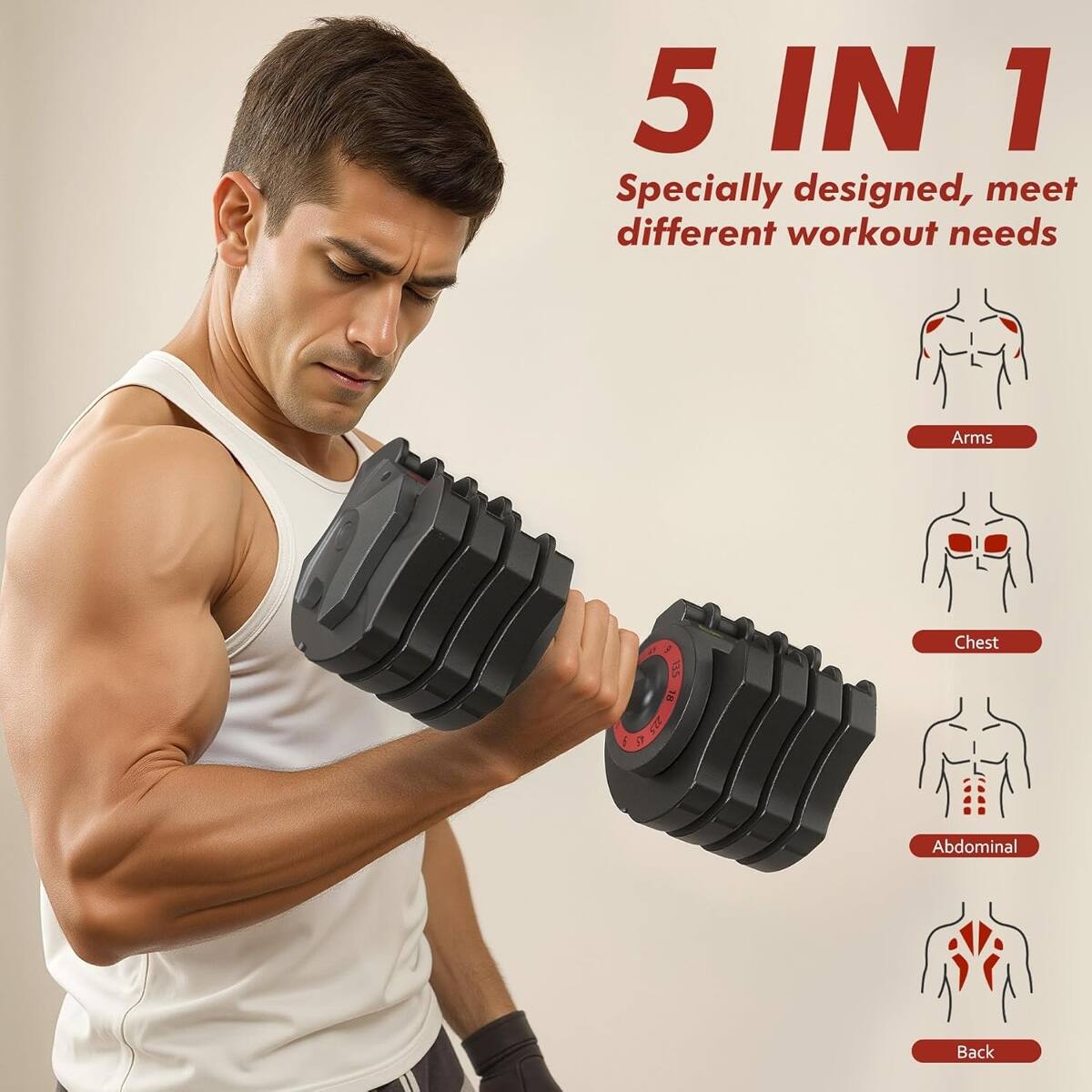 5 IN 1  
Specially designed, meet different workout needs  
Arms  
Chest  
Abdominal  
Back