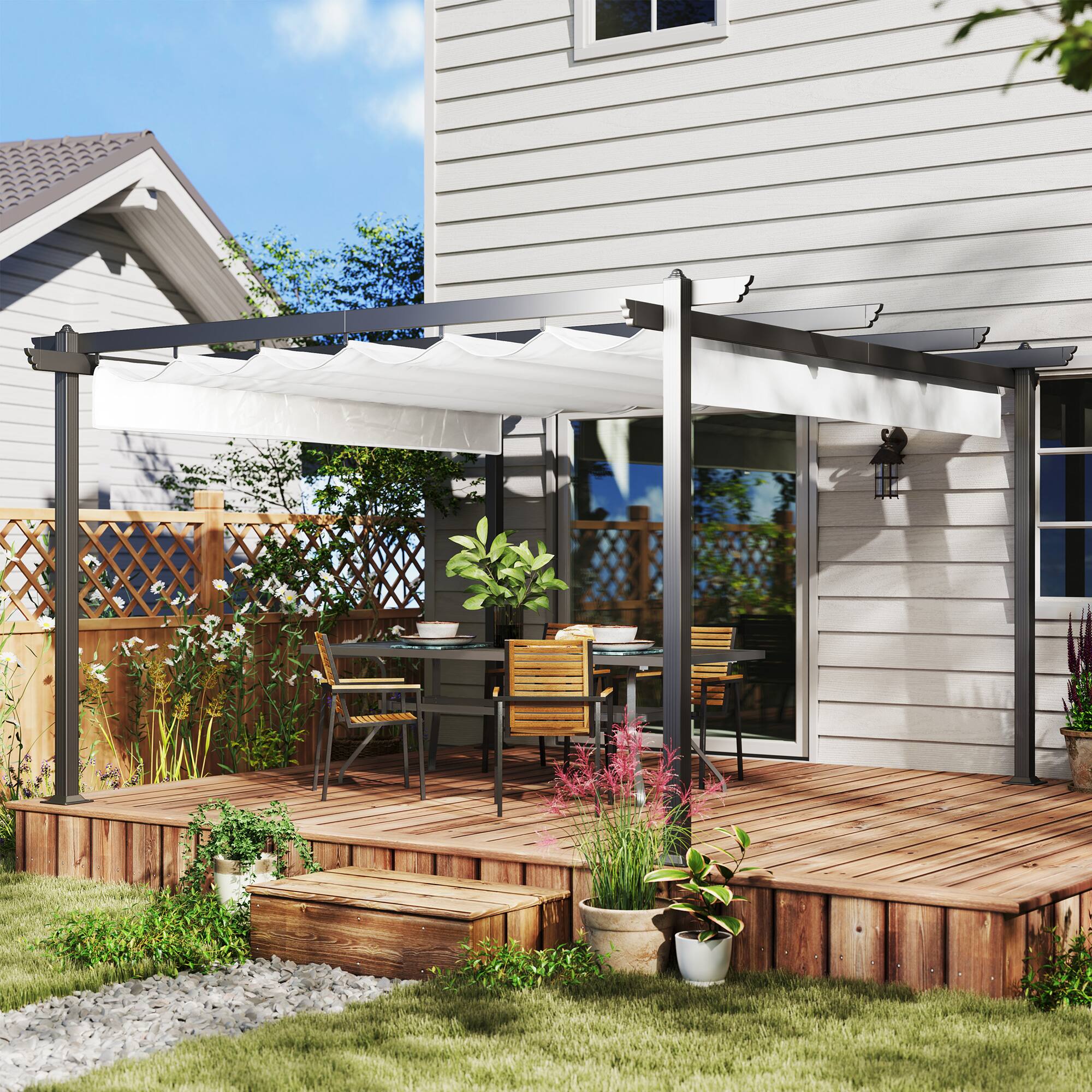 Angle. Outsunny - 13' x 13' Retractable Pergola Canopy with Stronger Aluminum Frame, Outdoor Pergola Sun Shade Shelter - White.