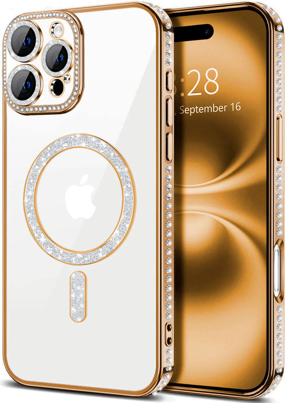 Entronix - Magnetic Case for iPhone 16 Pro Max - Clear Back with Luxury Diamond Design - Gold