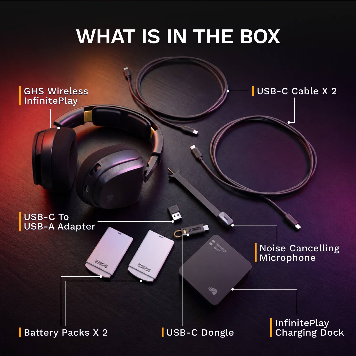 WHAT IS IN THE BOX

- GHS Wireless InfinitePlay
- USB-C Cable X 2
- USB-C To USB-A Adapter
- Battery Packs X 2
- USB-C Dongle
- Noise Cancelling Microphone
- InfinitePlay Charging Dock