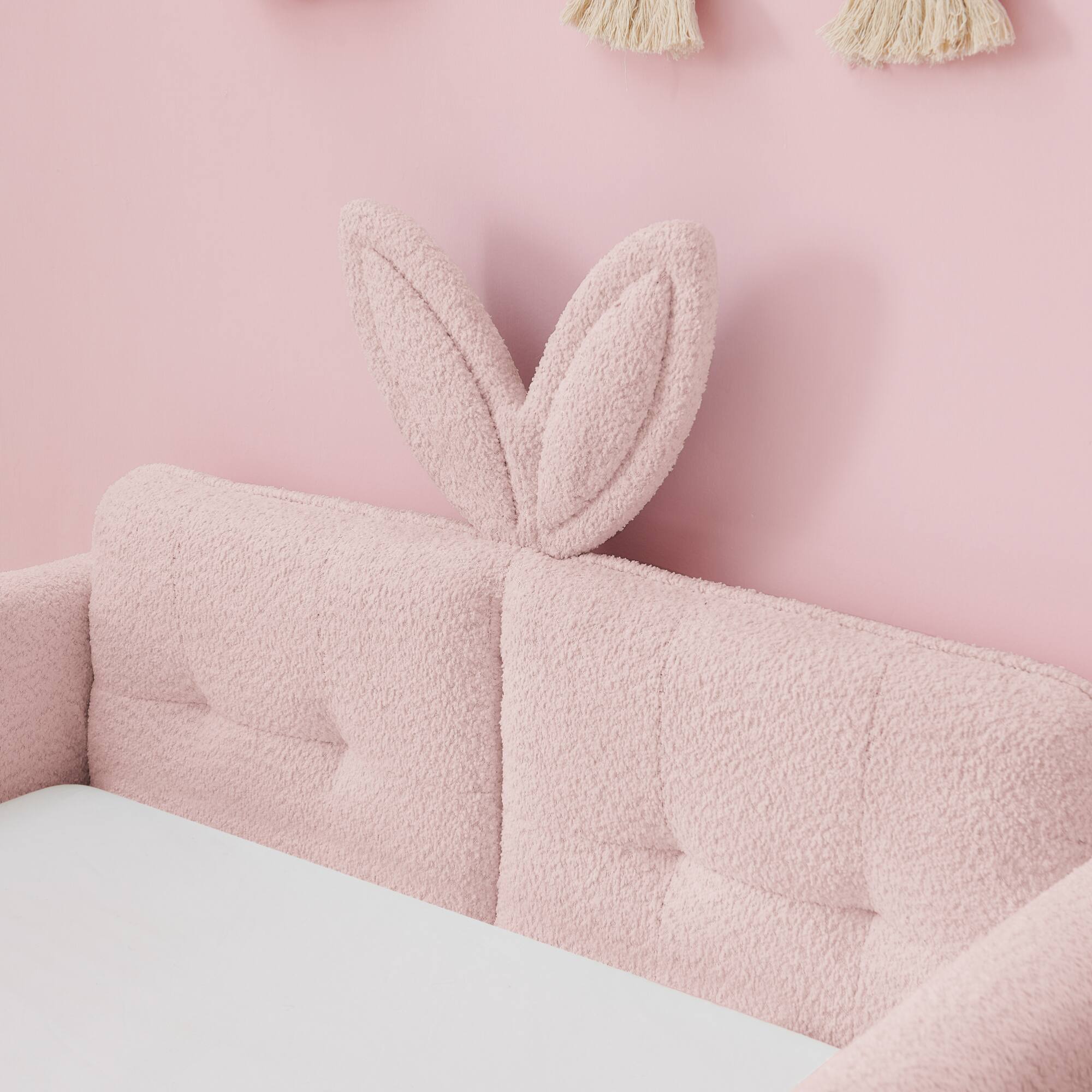 Alt View 4. GOODSILO - Twin Size Upholstered Platform Bed with Playful Bunny Ear Headboard and Safety Features in Soft Neutral Fabric - Pink.