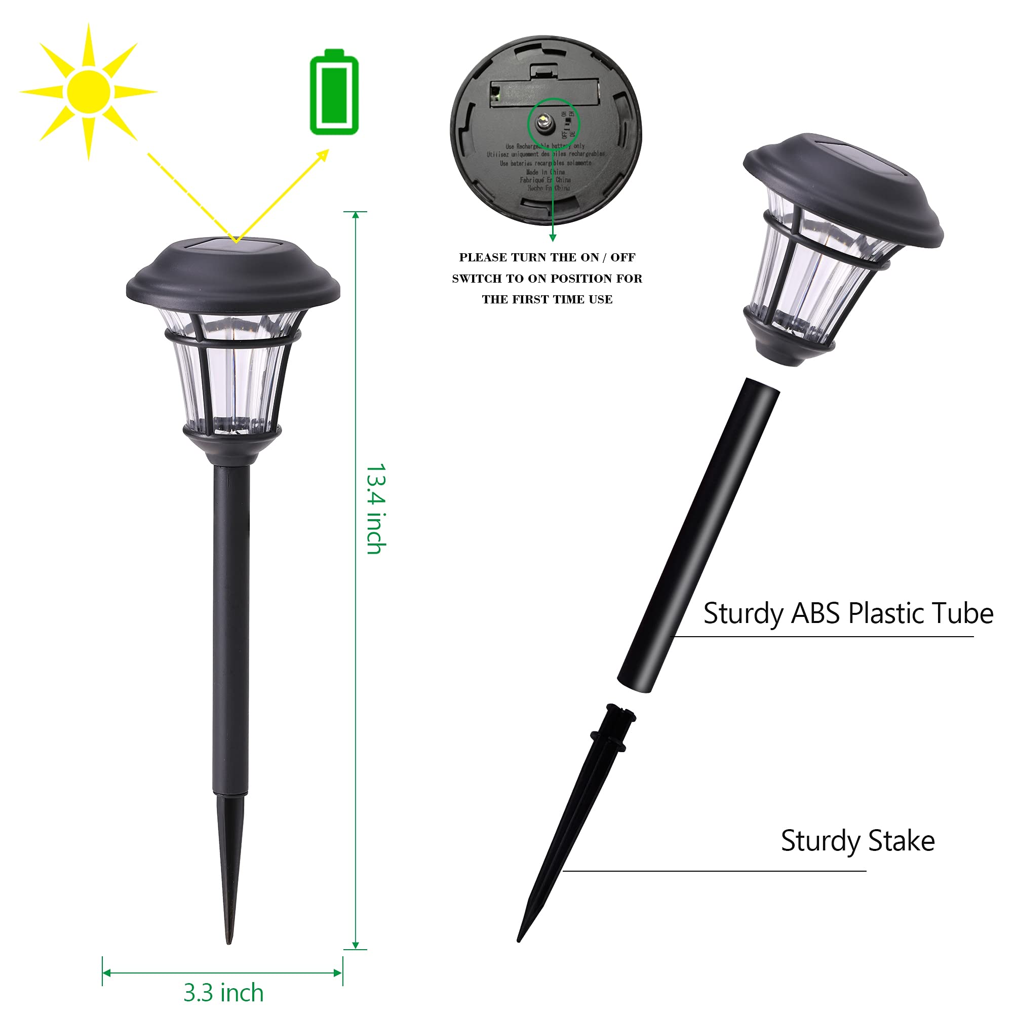 - Sneras
- I
- C
- mcs te
- F
- L
- L Saria
- Sallo

PLEASE TURN THE ON/OFF SWITCH TO ON POSITION FOR THE FIRST TIME USE

13.4 inch Sturdy ABS Plastic Tube
3.3 inch Sturdy Stake