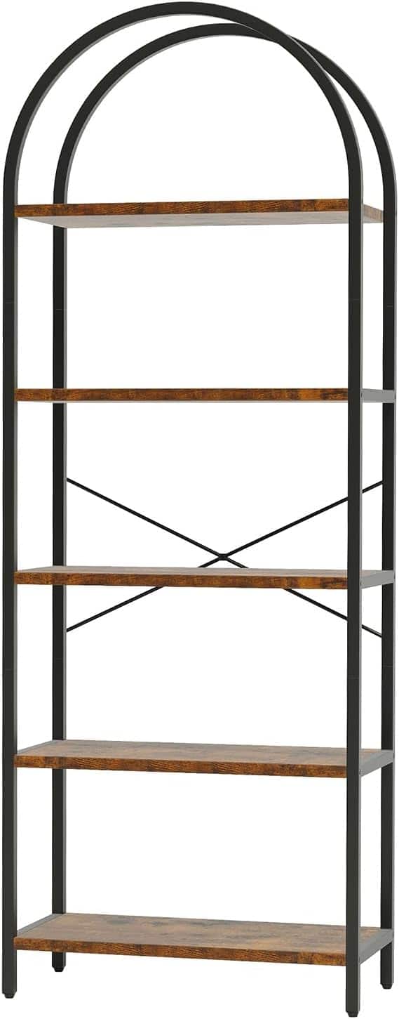 GARVEE - 5-Tier Arched Bookshelf Tall Wood Bookcase w/ Metal Frame Modern Storage Rack for Living Room or Home Office - Black+ Retro Brown