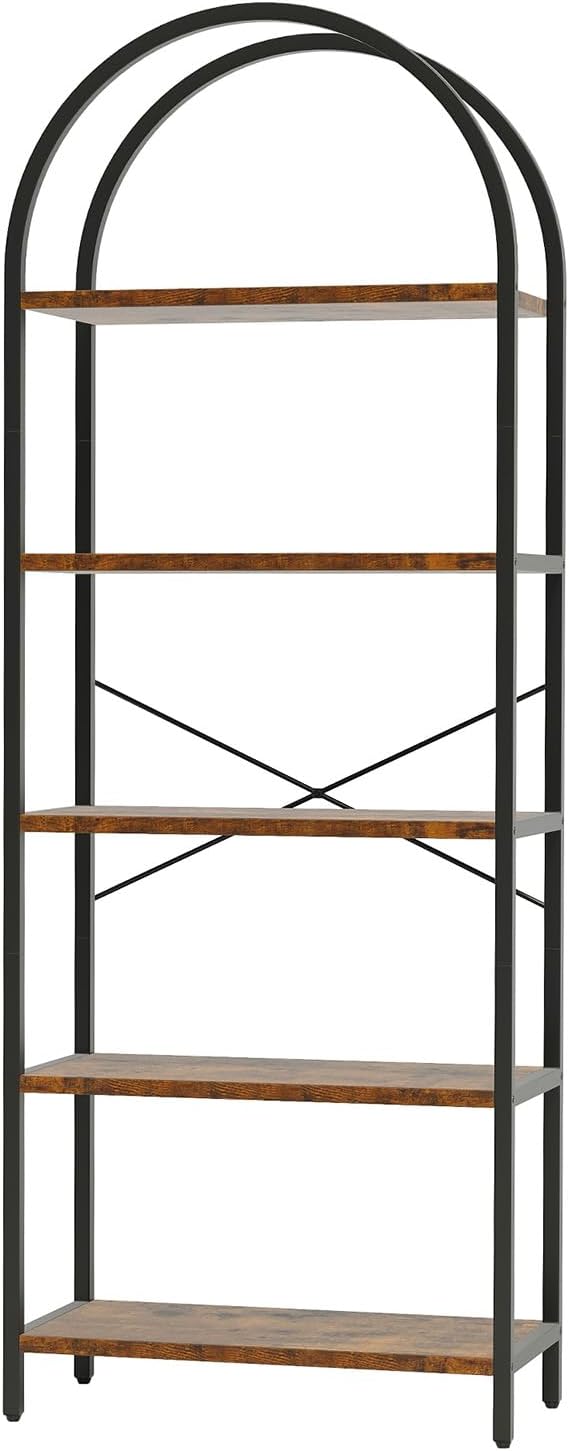 Front. GARVEE - 5-Tier Arched Bookshelf Tall Wood Bookcase w/ Metal Frame Modern Storage Rack for Living Room or Home Office - Black+ Retro Brown.