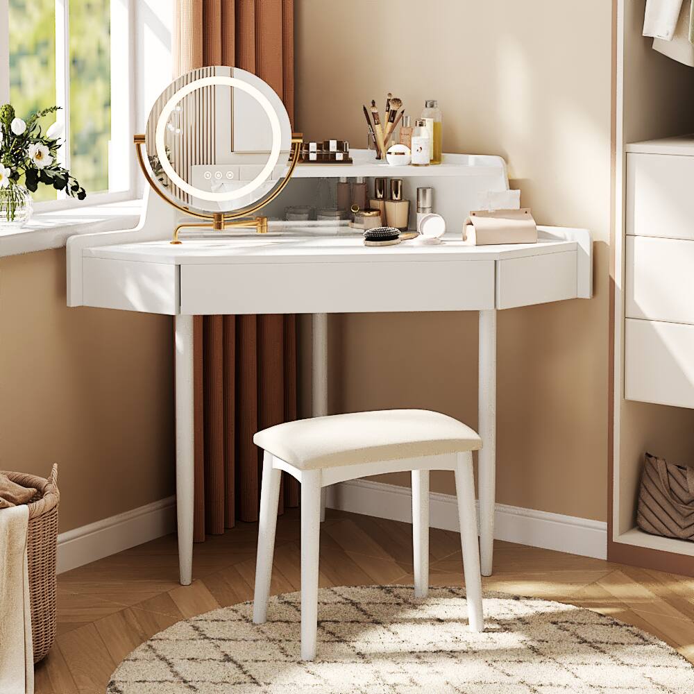 Alt View 7. Ecooso - Corner Makeup Vanity Desk with Large Storage, LED Mirror, Stool, Adjustable Brightness, Space-Saving - White.