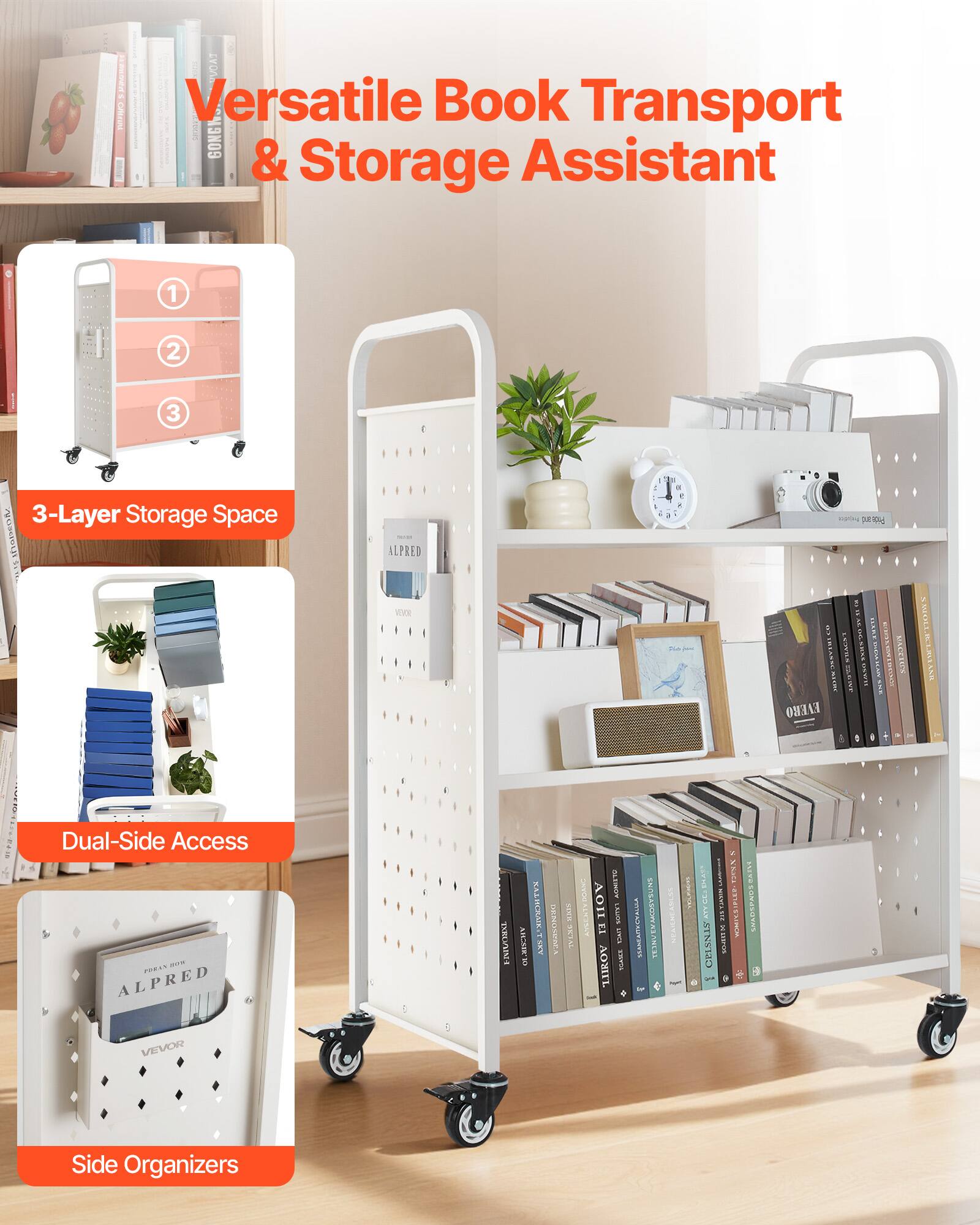 Versatile Book Transport & Storage Assistant

3-Layer Storage Space

Dual-Side Access

Side Organizers