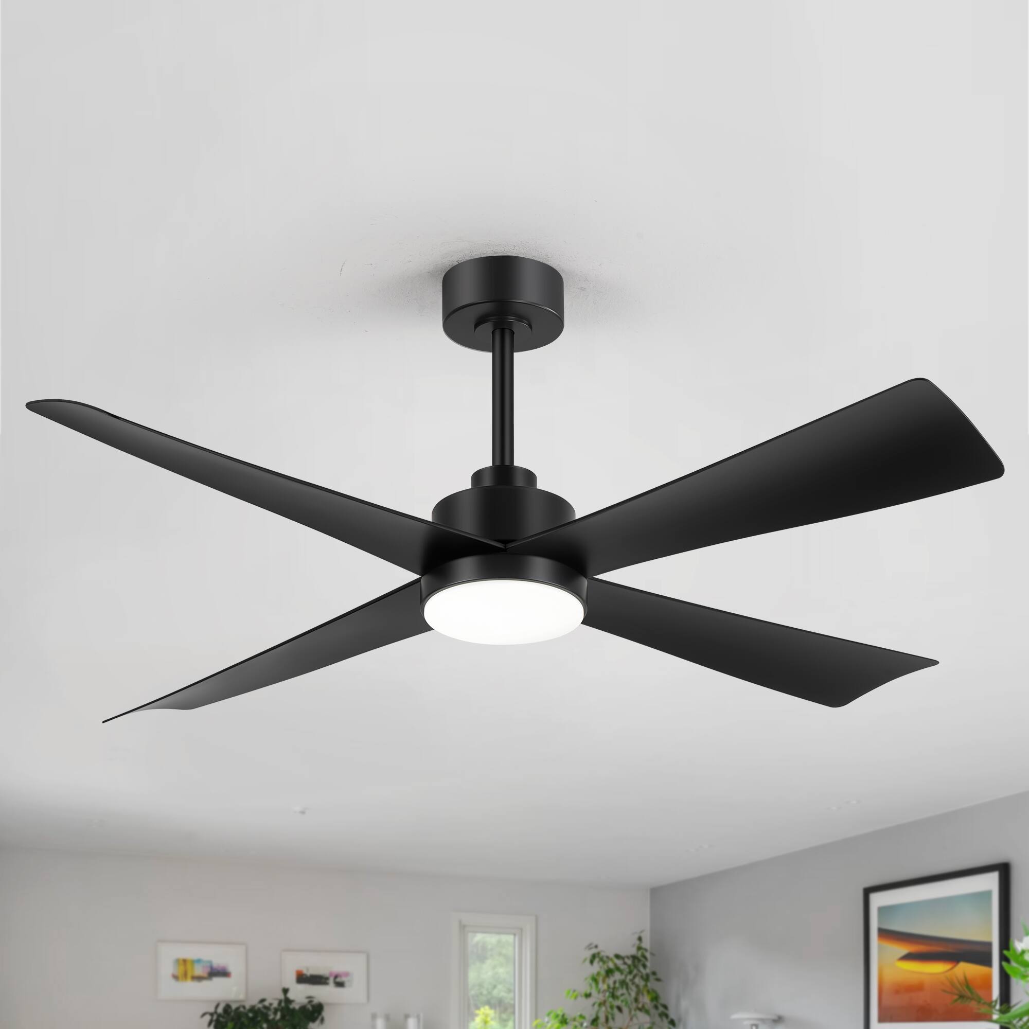 Back. Breezary - 52-Inch Ceiling Fan with 4 ABS Blades, 3-Color Light, 6-Speed DC Motor, Remote Control, 5'' & 10'' Downrods - Matte Black.