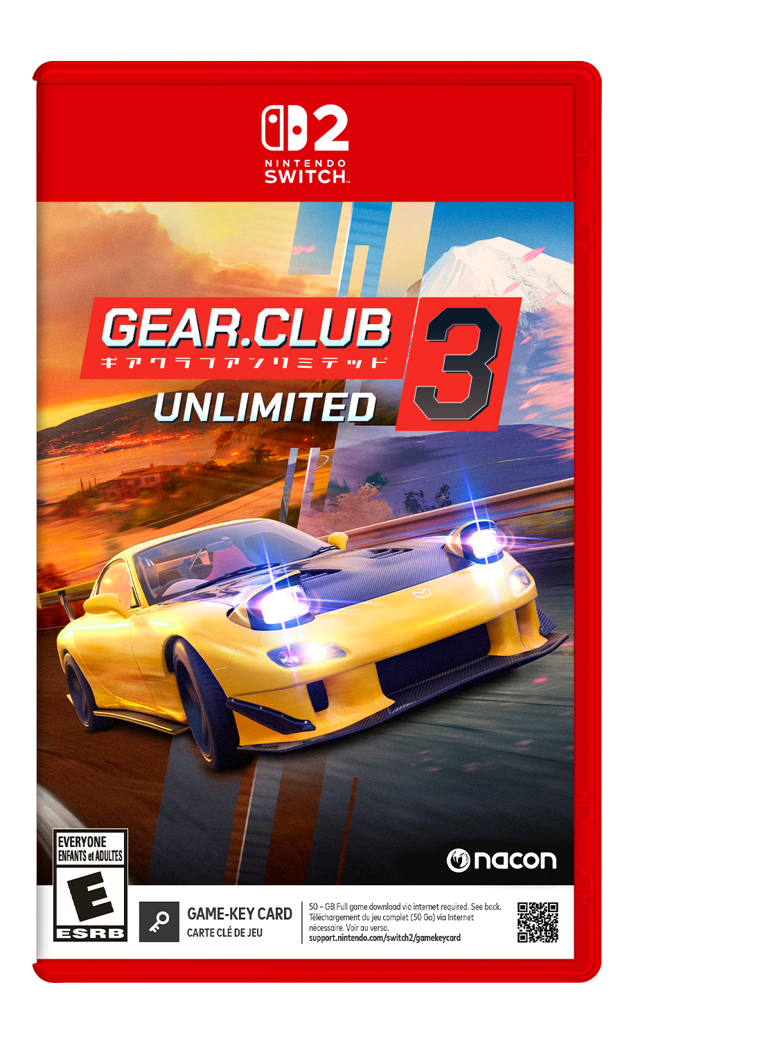 0D2 NINTENDO SWITCH. GEAR.CLUB 3 UNLIMITED EVERYONE ENFANTS et ADULTES nacon E O GAME-KEY CARD 50-08 Téléchargement Full game de download complet vie 50 internet Co) vic required Internet See back. nécessaire Voir du verso. ESRB CARTE CLÉ DE JEU support.nintendo.com/switch2/gamekeycard

---

**Nintendo Switch**

**GEAR.CLUB 3 UNLIMITED**

**キアワラファリミテッド**

**EVERYONE ENFANTS et ADULTES**

**E ESRB**

**GAME-KEY CARD**

**CARTE CLÉ DE JEU**

**50 - 6B Full game download via internet required. See back. Téléchargement du jeu complet (50 Go) via Internet nécessaire. Voir au verso.**

**support.nintendo.com/switch2/gamekeycard**

**nacon**