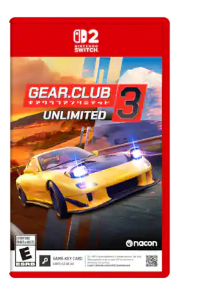 0D2 NINTENDO SWITCH. GEAR.CLUB 3 UNLIMITED EVERYONE ENFANTS et ADULTES nacon E O GAME-KEY CARD 50-08 Téléchargement Full game de download complet vie 50 internet Co) vic required Internet See back. nécessaire Voir du verso. ESRB CARTE CLÉ DE JEU support.nintendo.com/switch2/gamekeycard
---
**Nintendo Switch**
**GEAR.CLUB 3 UNLIMITED**
**キアワラファリミテッド**
**EVERYONE ENFANTS et ADULTES**
**E ESRB**
**GAME-KEY CARD**
**CARTE CLÉ DE JEU**
**50 - 6B Full game download via internet required. See back. Téléchargement du jeu complet (50 Go) via Internet nécessaire. Voir au verso.**
**support.nintendo.com/switch2/gamekeycard**
**nacon** - E (Everyone)