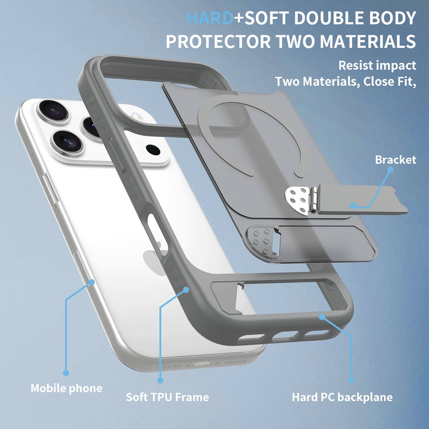 HARD+SOFT DOUBLE BODY PROTECTOR TWO MATERIALS  
Resist impact  
Two Materials, Close Fit,  
Bracket  
Mobile phone  
Soft TPU Frame  
Hard PC backplane