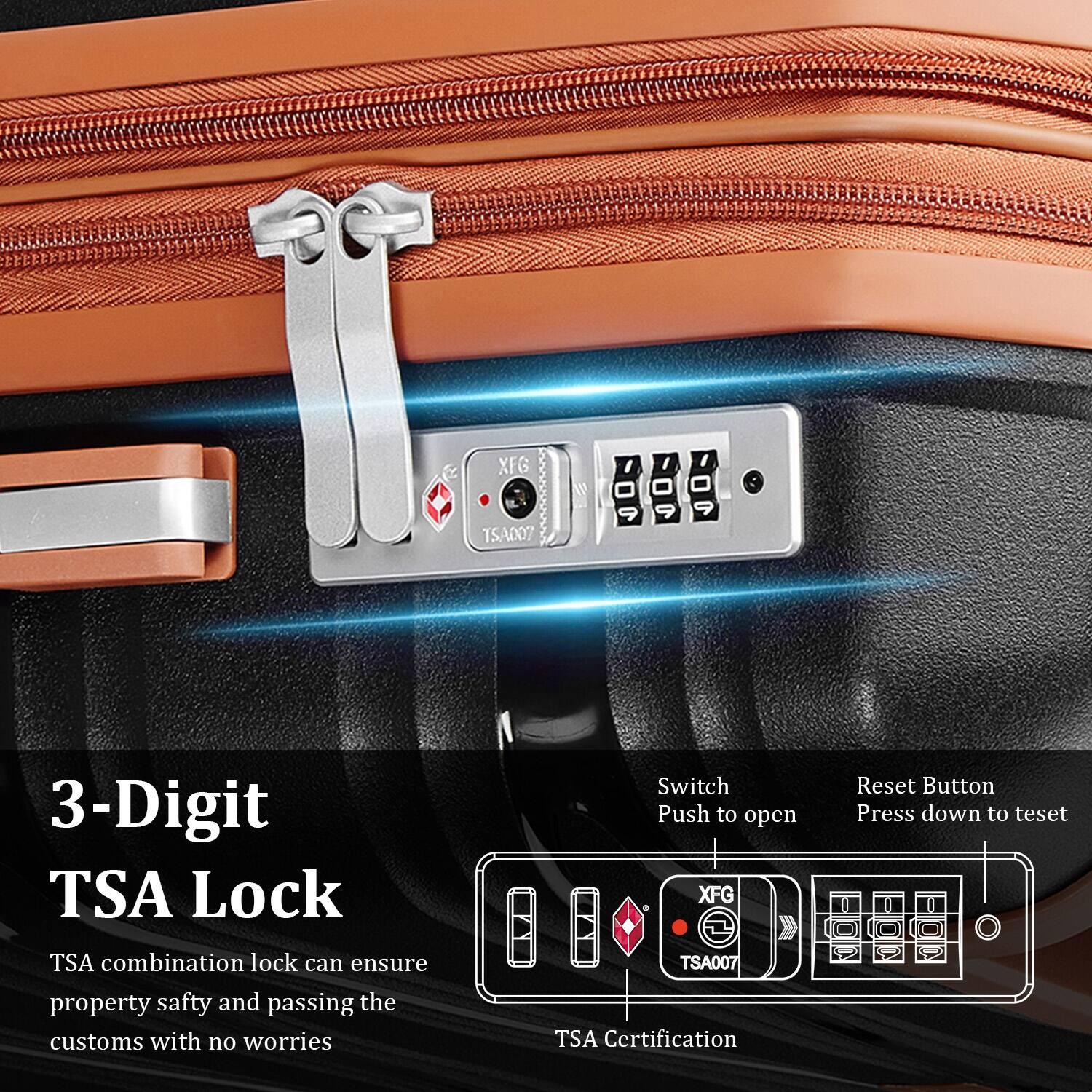 XFG TSA007

3-Digit TSA Lock

TSA combination lock can ensure property safety and passing the customs with no worries

Switch
Push to open

Reset Button
Press down to reset

TSA Certification