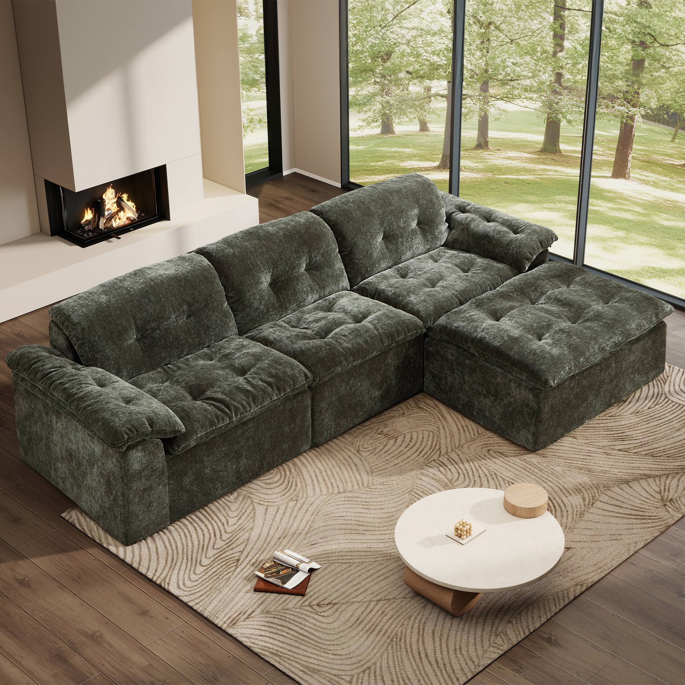 Angle. Anysun - Anysun L-Shaped Modular Chenille Cushioned Extreme Comfort Sofa with Detachable Backrest and Armrests, Removable Ottoman - Emerald.