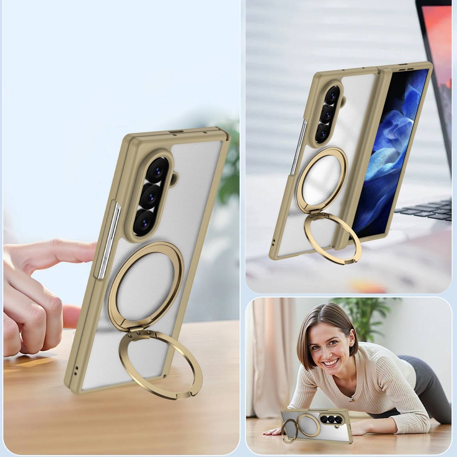 Back. Dteck - Shockproof Case for Samsung Galaxy Z Fold8 Ultra with Stand, Magnetic PC Cover Built in Screen Film and Hinge Protection - Gold.