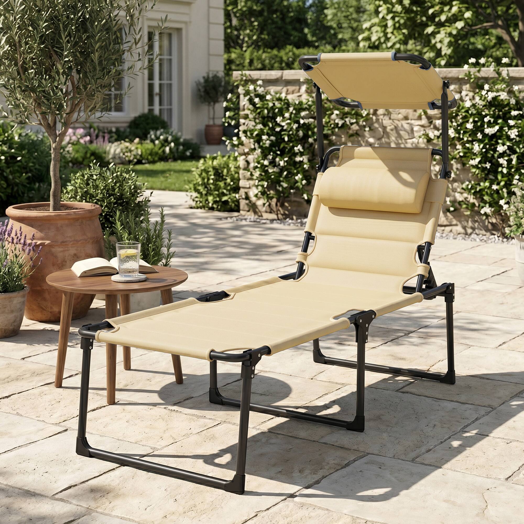 Alt View 1. Outsunny - Lounge Chair, 4 Position Adjustable Backrest, Folding, Cushioned w/ Sun Shade Roof & Pillow - Cream White.