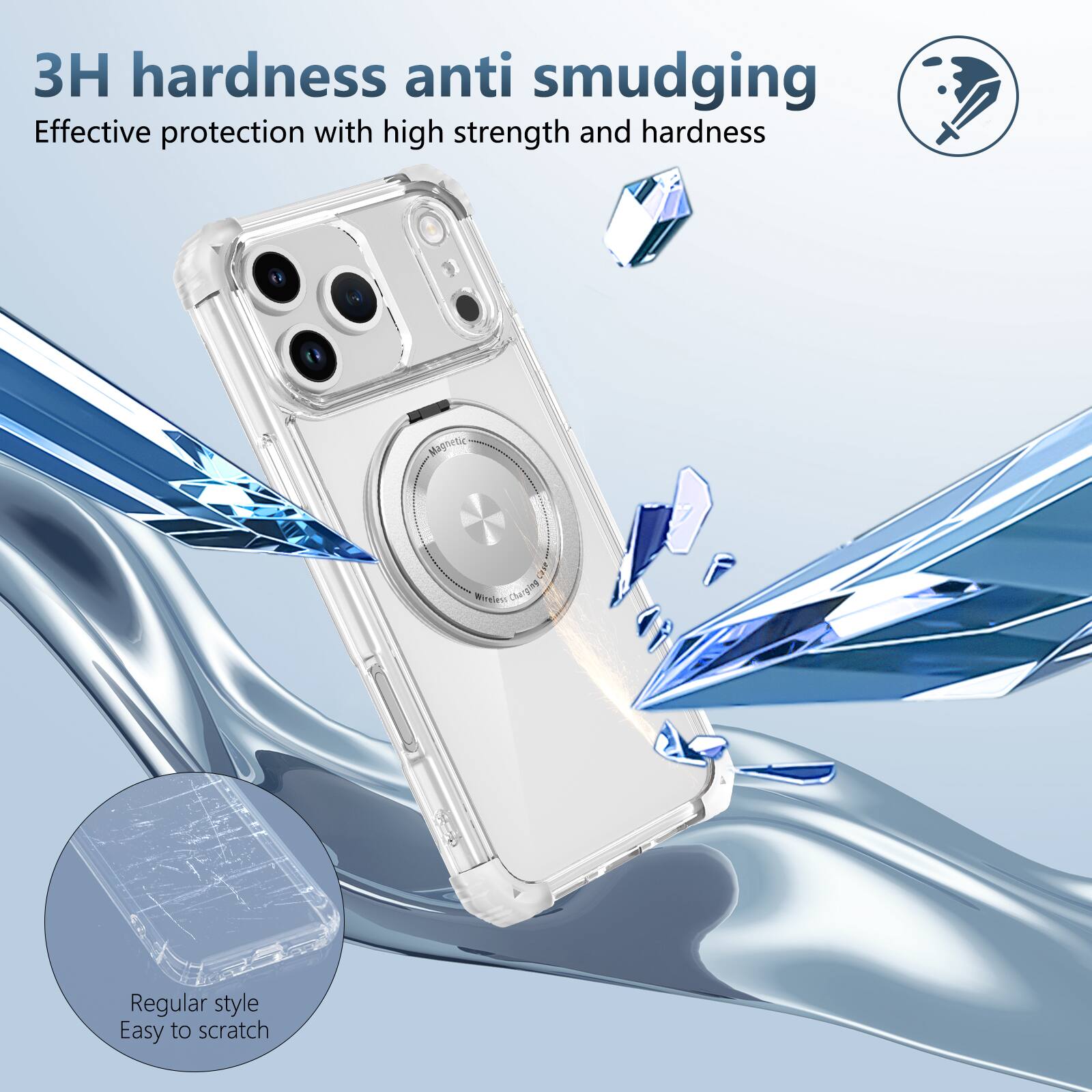 3H hardness anti smudging  
Effective protection with high strength and hardness  

Magnetic (LP) Wireless Charging  
Regular style  
Easy to scratch