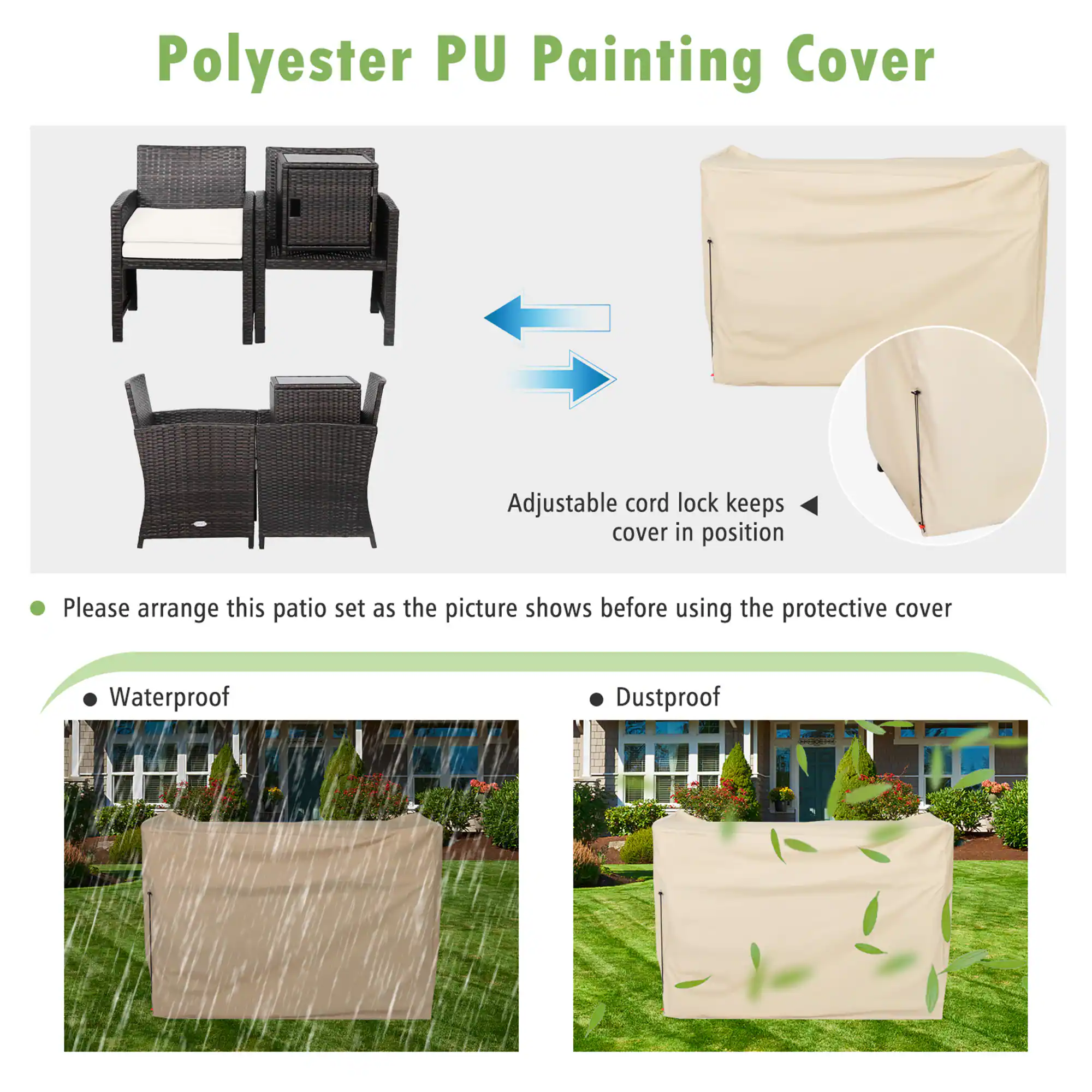 Polyester PU Painting Cover, Adjustable cord lock keeps cover in position, Please arrange this patio set as the picture shows before using the protective cover, Waterproof, Dustproof.