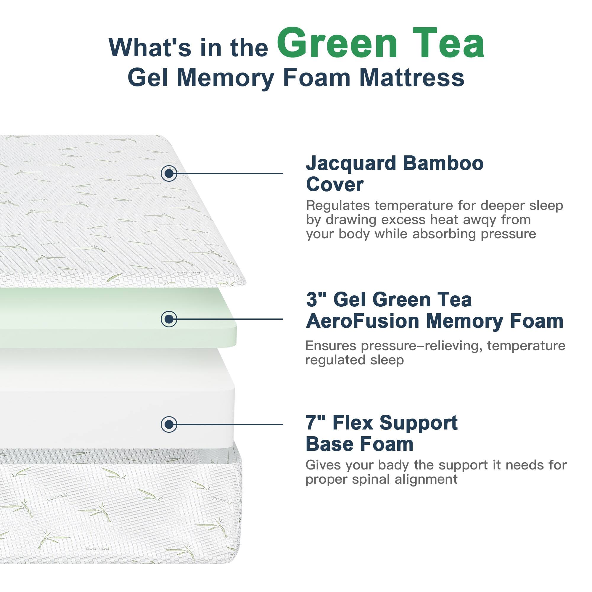 What's in the Green Tea Gel Memory Foam Mattress:

- Jacquard Bamboo Cover
- 3" Gel Green Tea AeroFusion Memory Foam
- 7" Flex Support Base Foam