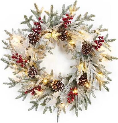 Front. Jojoka - 24 Inch Christmas Wreath Snow Frosted Pre-Lit Wreath for Grand Entryway and Entrance Displays - Green.