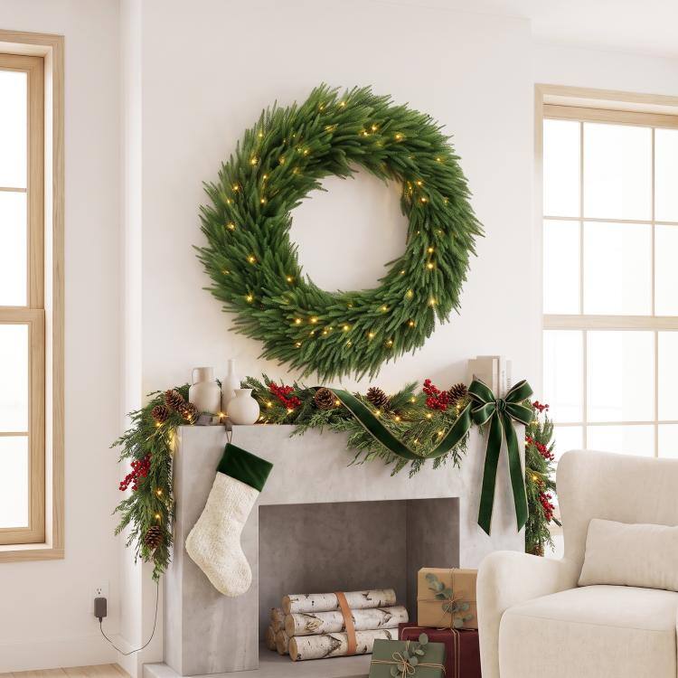 Alt View 1. PULUZ - Christmas Decoration, 36 in Pre-Lit Norfolk Pine Artificial Christmas Wreath with 100 LED Lights - Green.