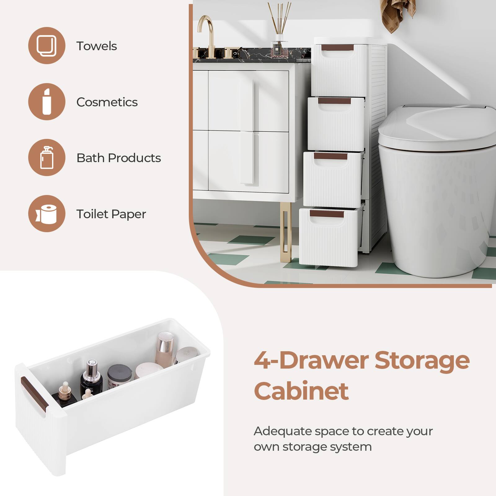 Towels, Cosmetics, Bath Products, Toilet Paper, 4-Drawer Storage Cabinet, Adequate space to create your own storage system