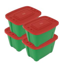 SIMPLYKLEEN - 4 Pack 18 Gallon Christmas Storage Bins with Lids Stackable Totes Rugged Tubs Garage Organization - Green Body / Red Lid