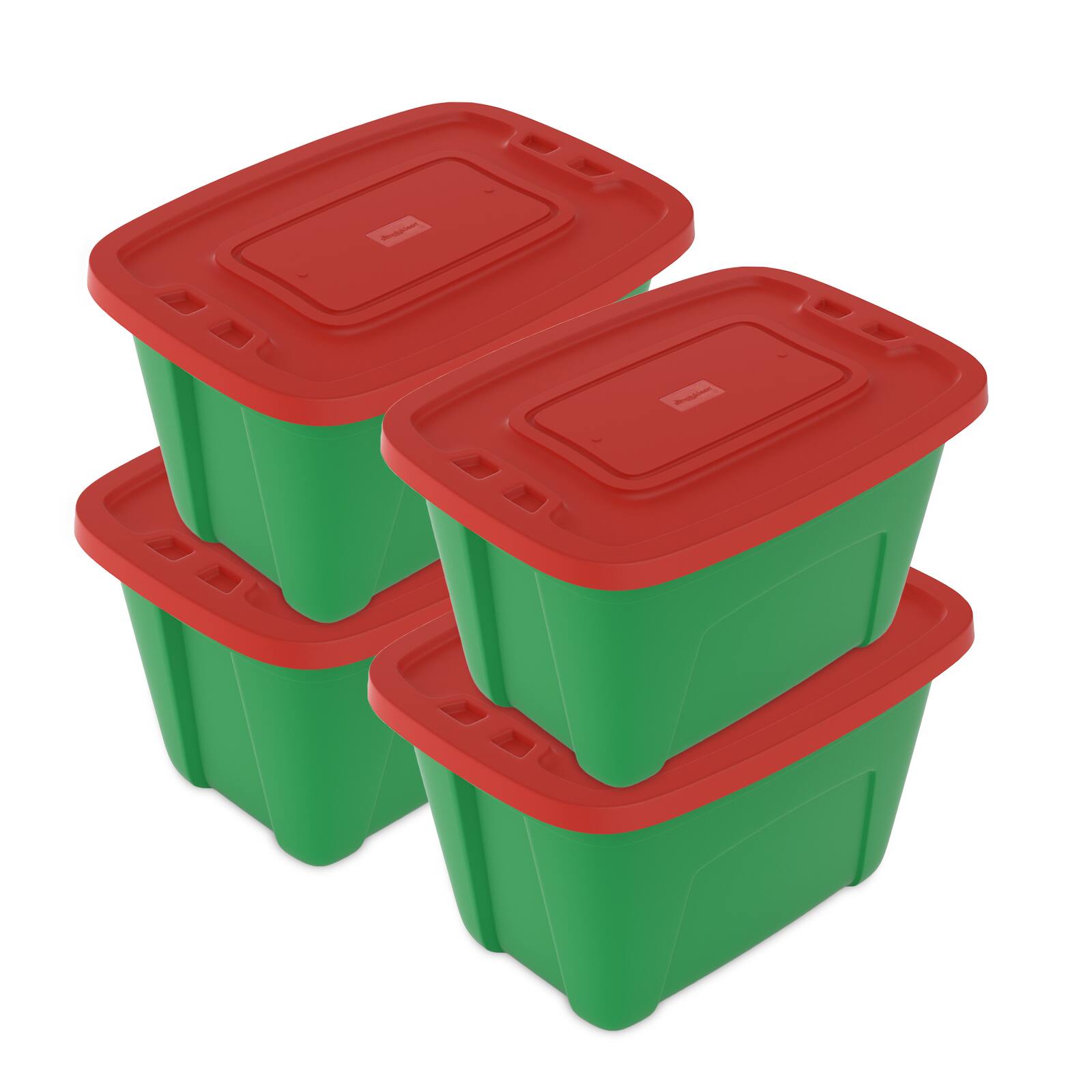Front. SIMPLYKLEEN - SIMPLYKLEEN 4 Pack 18 Gallon Christmas Storage Bins with Lids Stackable Totes Rugged Tubs Garage Organization - Green Body / Red Lid.