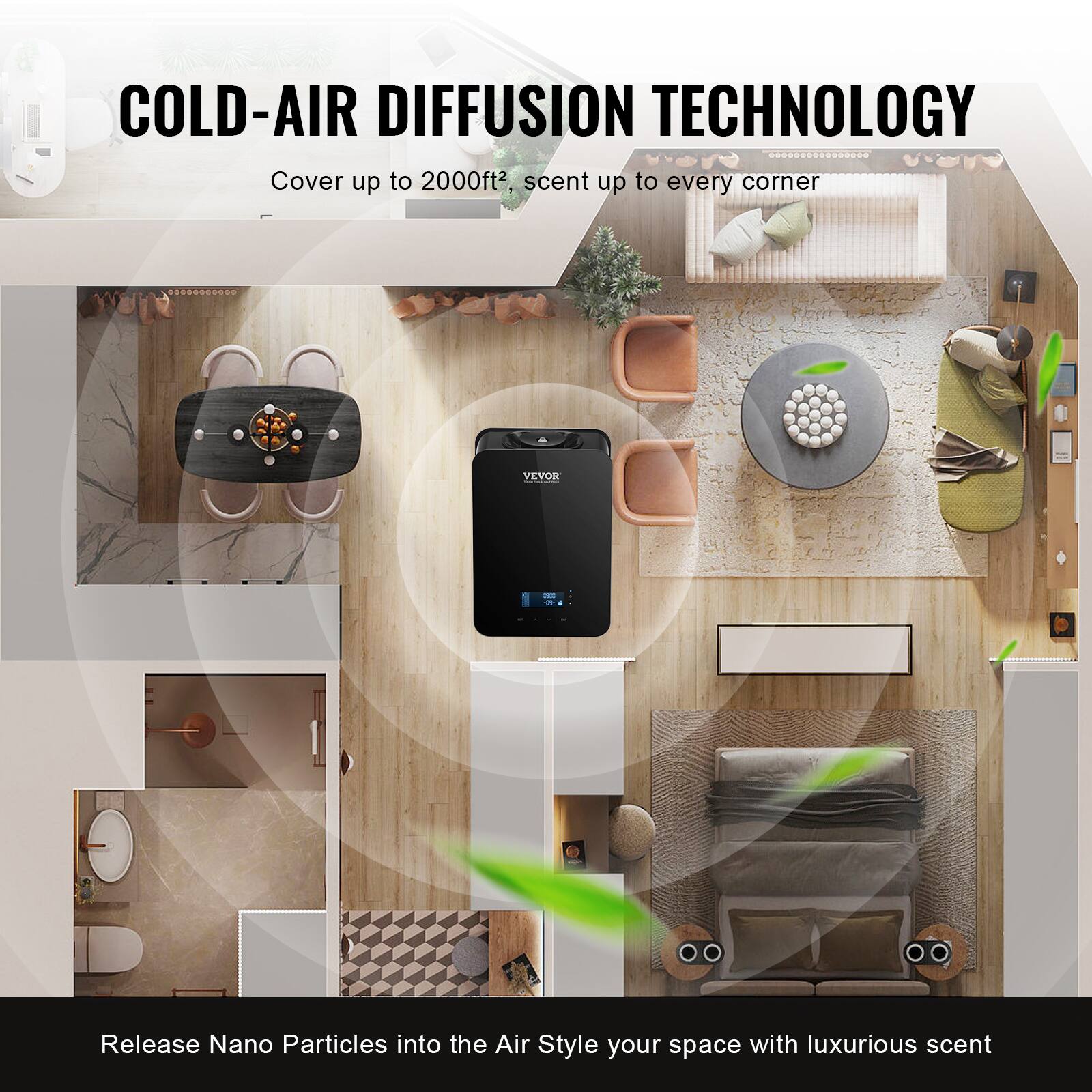 COLD-AIR DIFFUSION TECHNOLOGY  
Cover up to 2000ft², scent up to every corner  

Release Nano Particles into the Air  
Style your space with luxurious scent