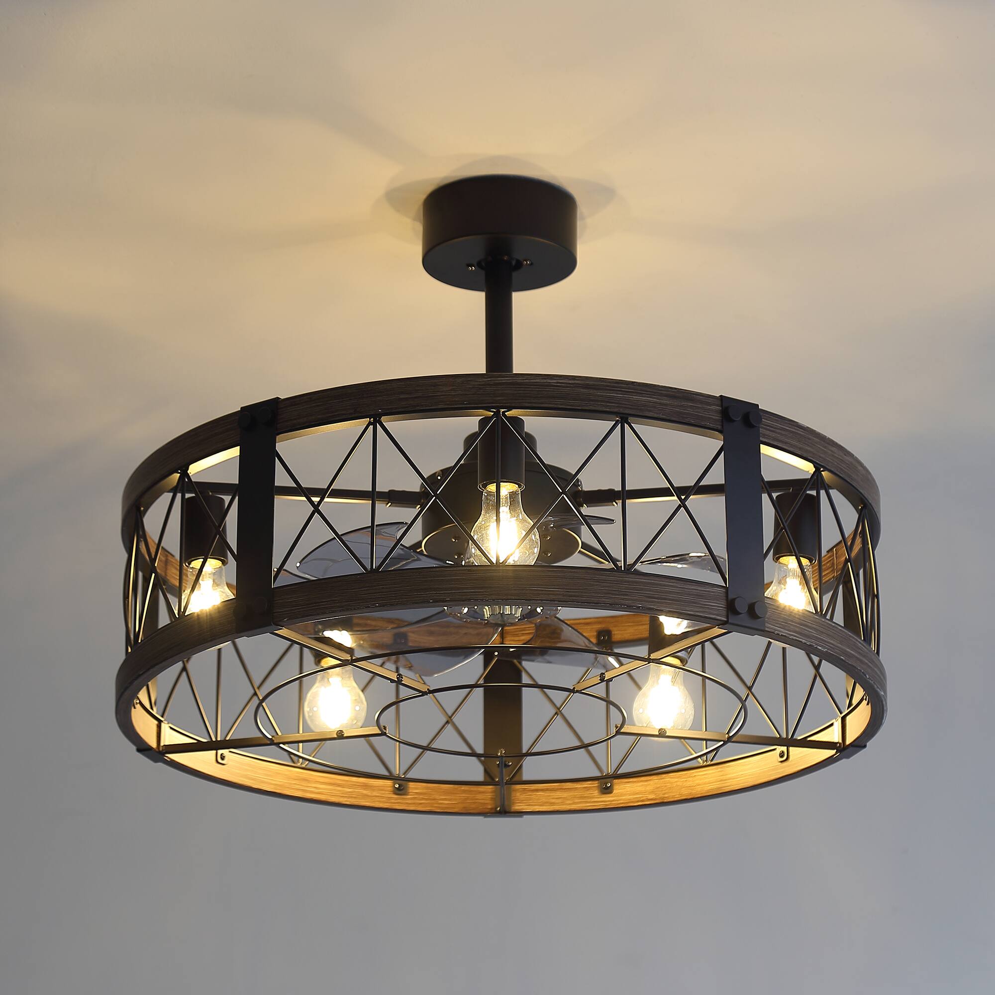 Angle. Breezary - 28-Inch Ceiling Fan with 7 ABS Blades, 5-Light Cage Design, DC Motor, Reversible Mode, Timer, Remote, Downrod Mount - Black and White Oak.