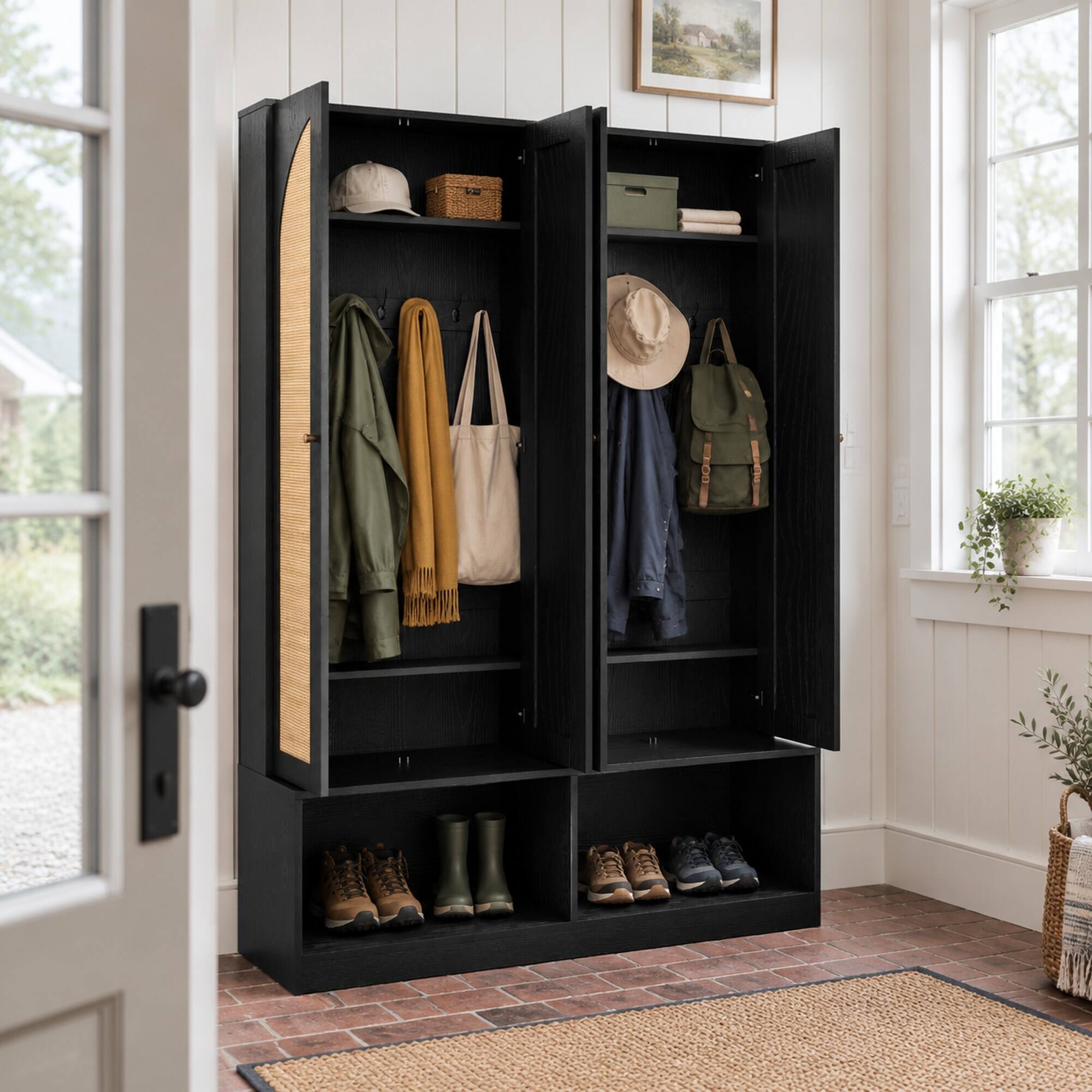 Back. RYHNUYNE - 55.1 in Farmhouse Hall Tree, 4-in-1 Entryway Bench and Shoe Cabinet, Rattan Doors, 6 Hooks, Adjustable Shelves, Black - Black.