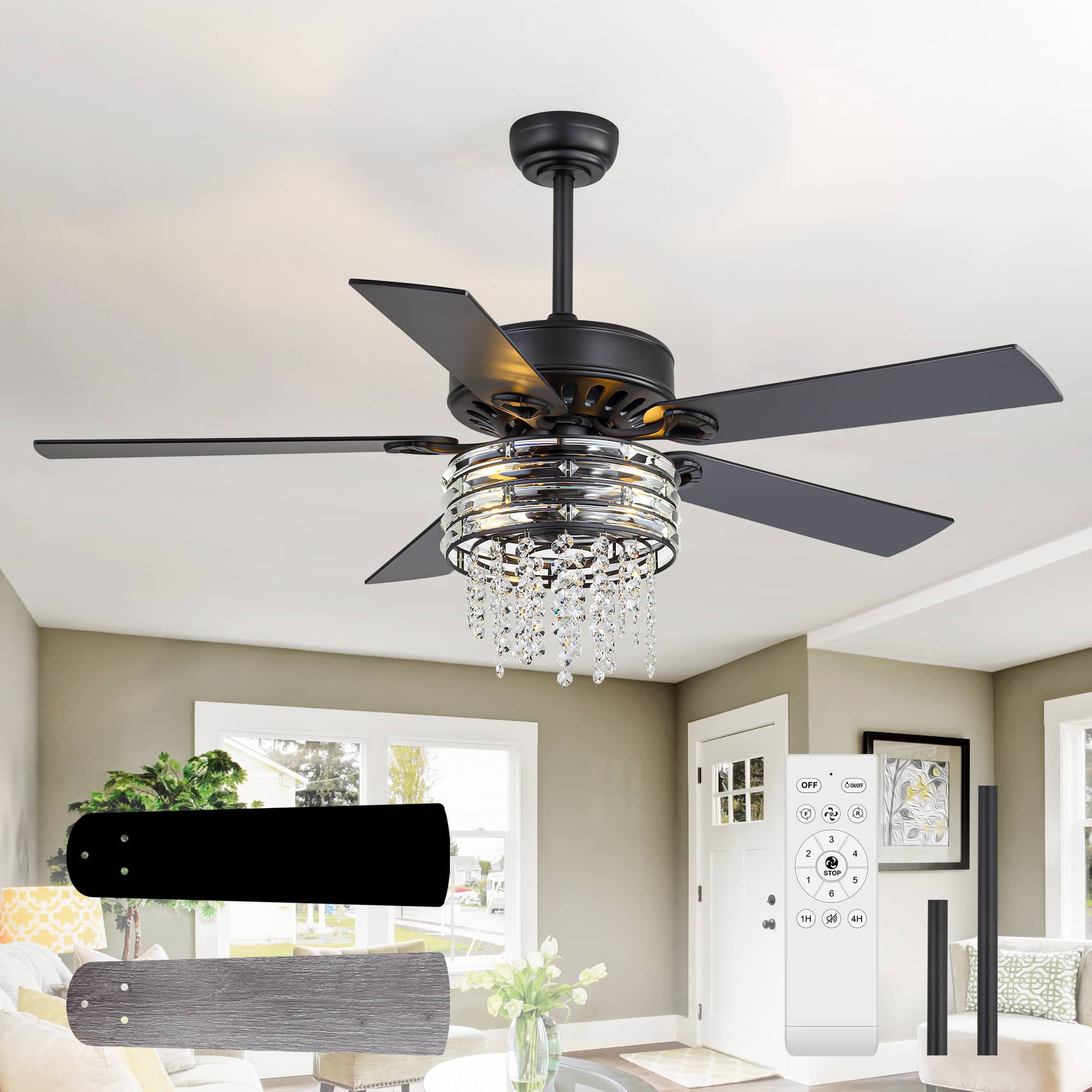 Breezary - 52-Inch Ceiling Fan with Light, 5 Reversible Plywood Blades, Crystal Cage Fixture, DC Motor, Remote, 2 Downrods - Gray