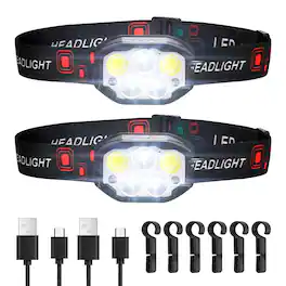 VEVOR - 2 Pack Headlamps, Bright LED Rechargeable Headlight, Lightweight Head Flashlight with 12 Lighting Modes & Motion Sensor - Black